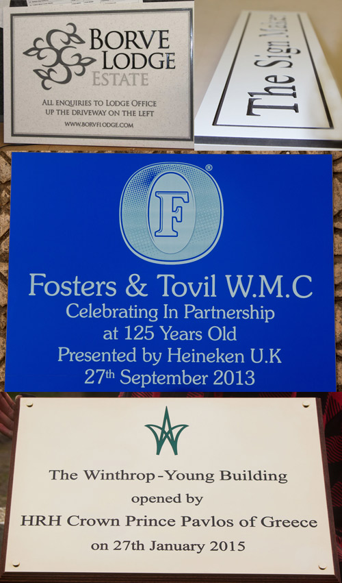 Lots of engraved plaques in a variety of materials