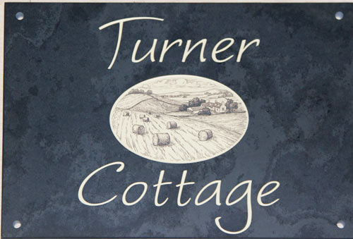 Slate house sign with country scene inlaid and etched into slate.