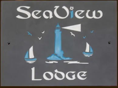 title here Slate house sign with white and Farrow and Ball St Giles Blue painted letters