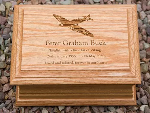 This ashe casket has a laser engraved top. Standard Oak Ashes Casket
