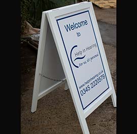 A-Board with painted hardwood frame and printed aluminium composite panels.