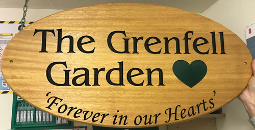 Grenfell Garden sign in iroko wood 1808.LW.073