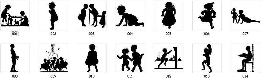 Vintage silhouette images of children, child on rocking horse, children playing, child reading, children maypole dancing