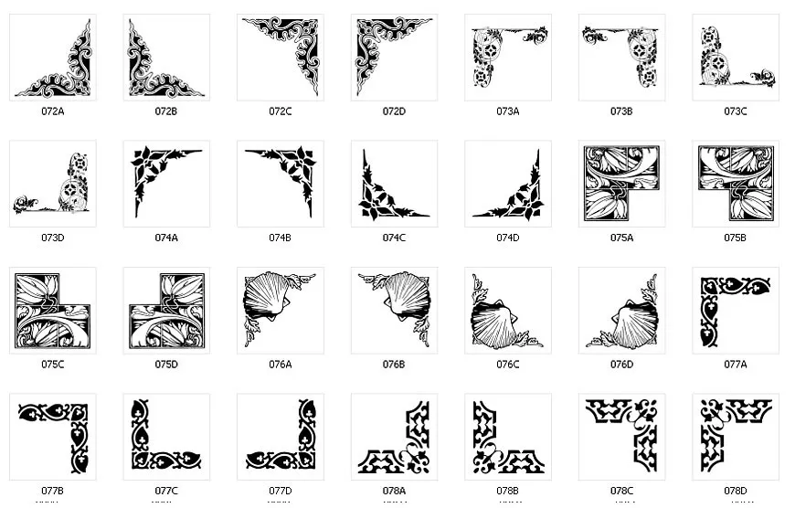 Corner designs for signs and memorials, floral, celtic, shell