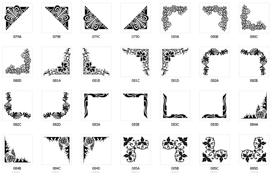 Corner designs for signs and memorials, floral, swirl, bauble