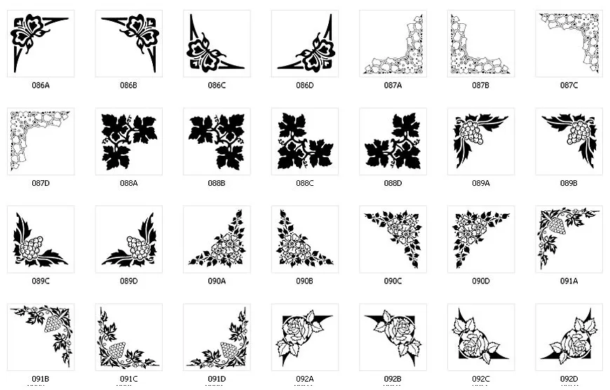 Corner designs for signs and memorials, flowers, leaves, grapes, grapevine