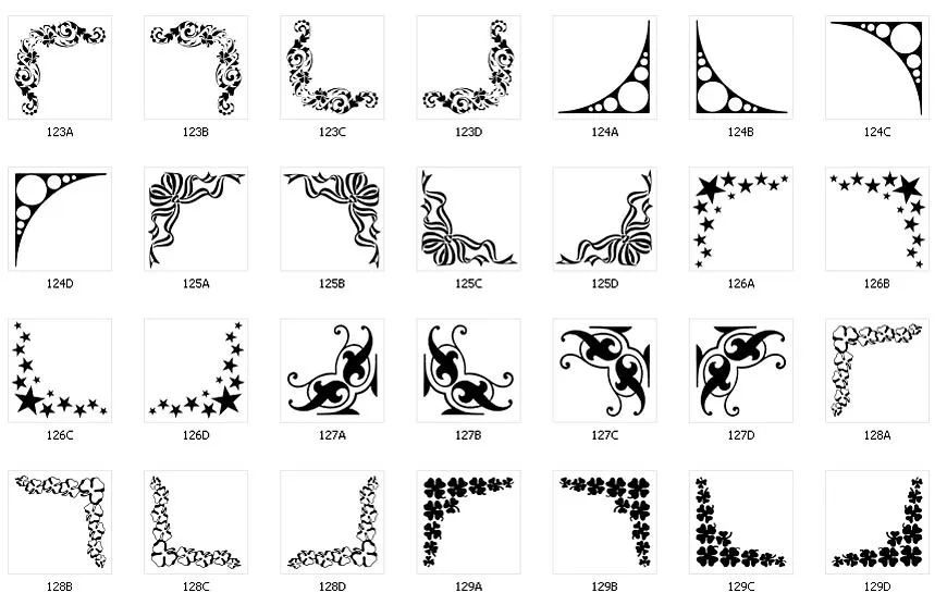 Corner designs for signs and memorials, flowers, riibbon, bow, stars, shamrock, four-leaf clover