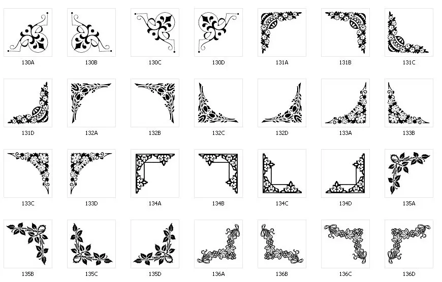 Corner designs for signs and memorials, flowers, leaf, bramble, bauble