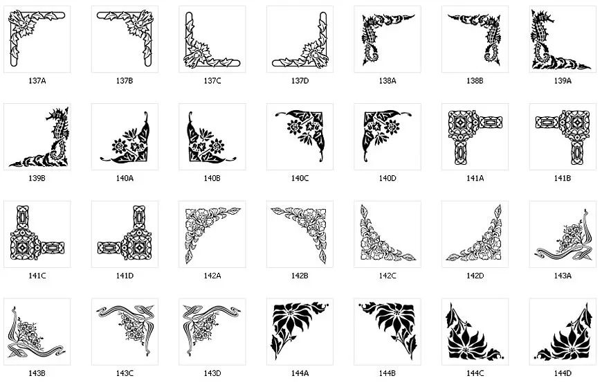 Corner designs for signs and memorials, flowers, seahorse