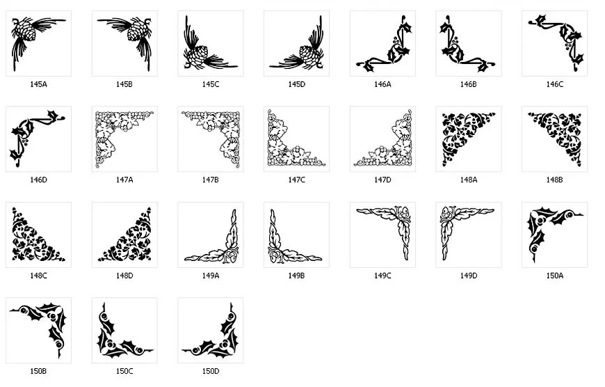 Corner designs for signs and memorials, pine cones, holly