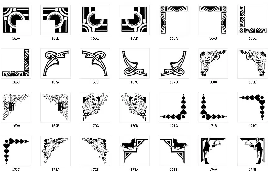 Corner designs for signs and memorials,art deco, champagne, celebration, clown, heart, horse, pumpkin