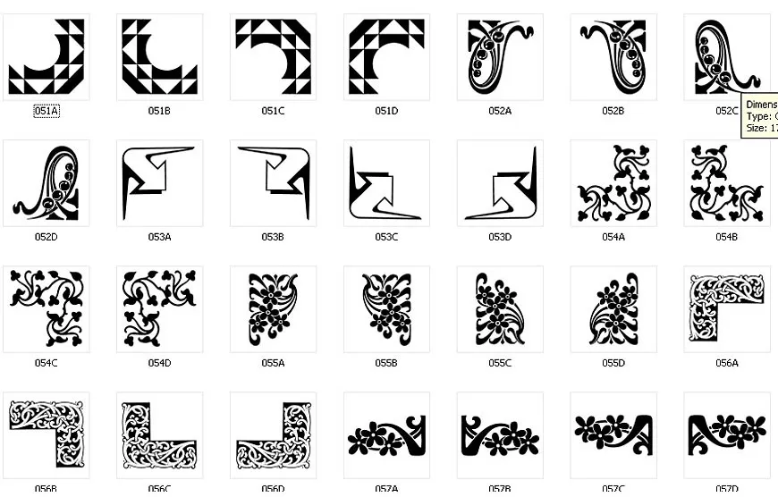 Corner designs for signs and memorials, geometric, arrow, floral, celtic