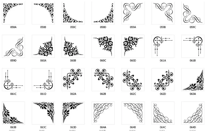 Corner designs for signs and memorials, floral, calligraphic, swash, swirl