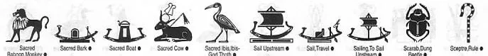 A selection of Egyptian images, heiroglyphics, sacted, boat, scarab, sceptre