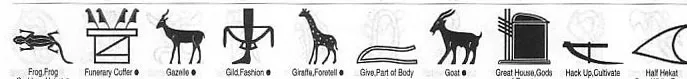 A selection of Egyptian images, heiroglyphics, frog, gazelle, giraffe, goat