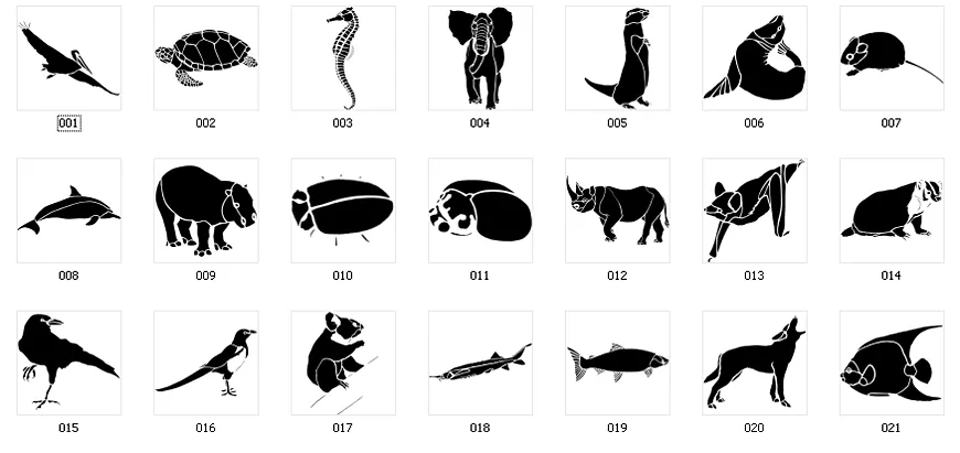 Stencil images of various animals. Tortoise, elephant, tortoise, frog, koala