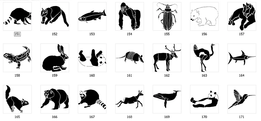 Stencil silhouette images of various animals including racoon, gorilla, reindeer, humming bird