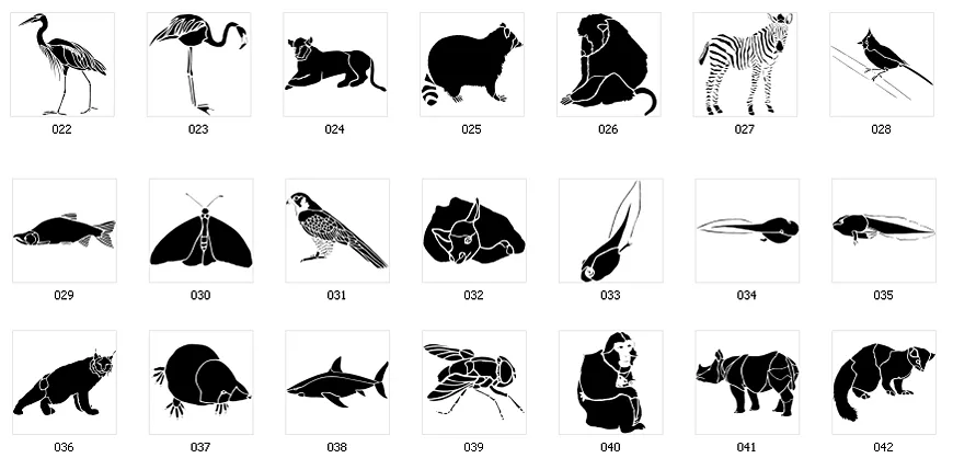 Stencil silhouette images of various animals and birds. Stork, zebra, rhino