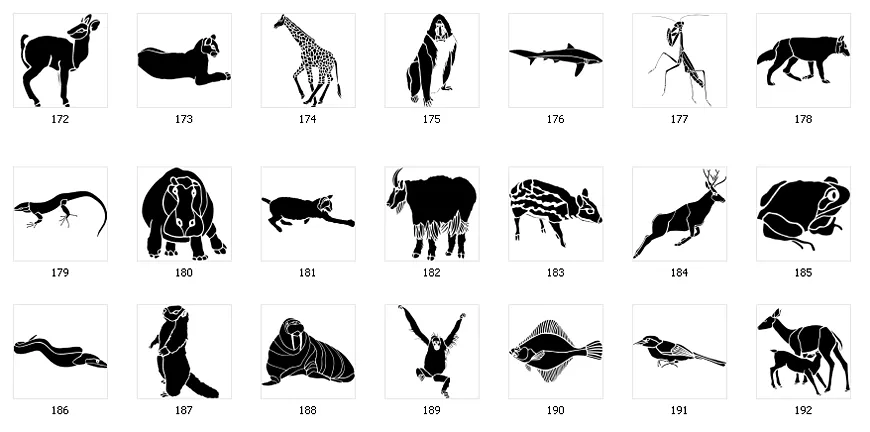 Silhouette images of various animals including giraffe, walrus, wolf