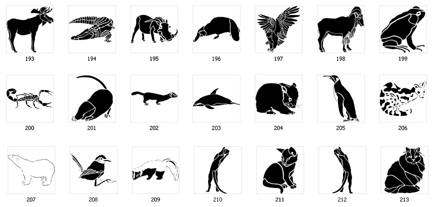 Silhouette images of various animals including alligator, warthog, skunk