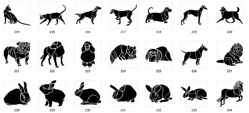 Various animal stencil silhouettes. Dog breeds, labrador, bulldog, afghan hound, greyhound rabbits