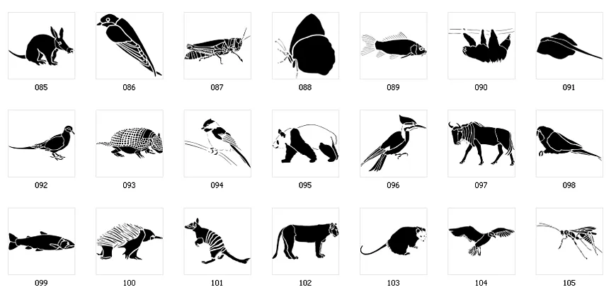 Stencil silhouette images of various animals. Aardvark, lion,armadillo