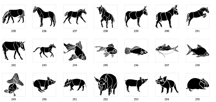 Various animal stencil silhouette images. Horse, donkey, fish, pig