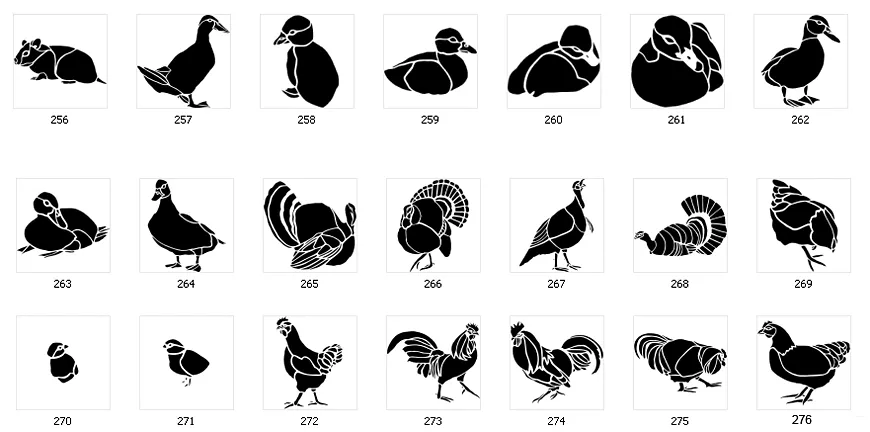 Stencil silhouette images of birds, duck, turkey, chick, cockerel, grouse