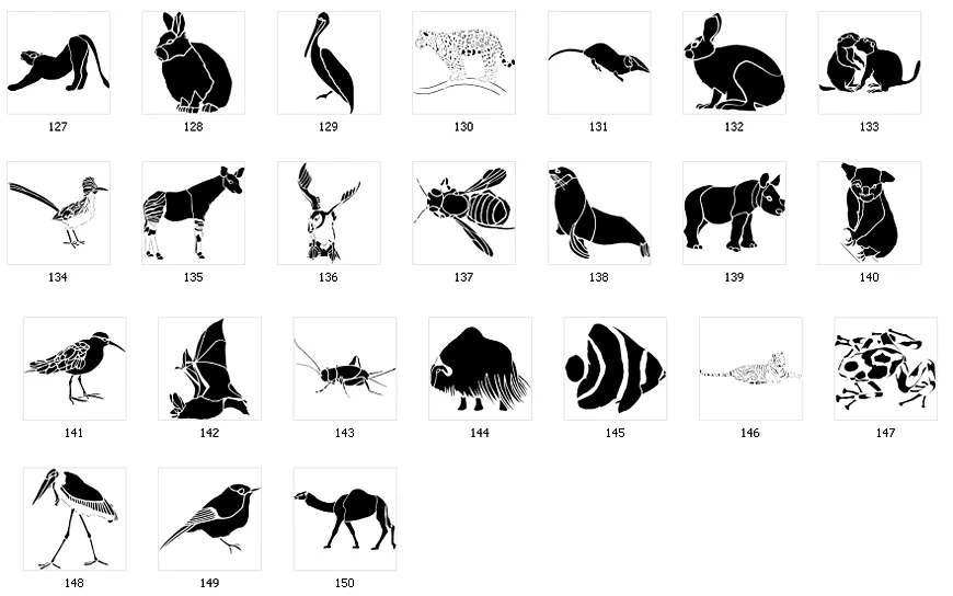 Silhouette images of various animals including rabbit, leopard, rhino, bison