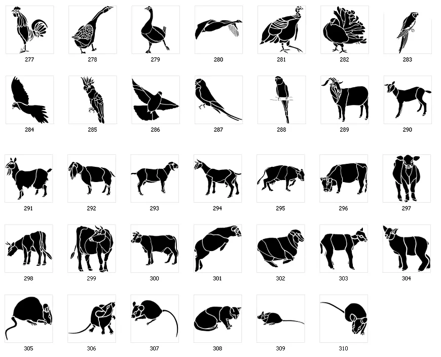 Stencil silhouette images of animals and birds. goose, cockatoo, goat, cow, sheep