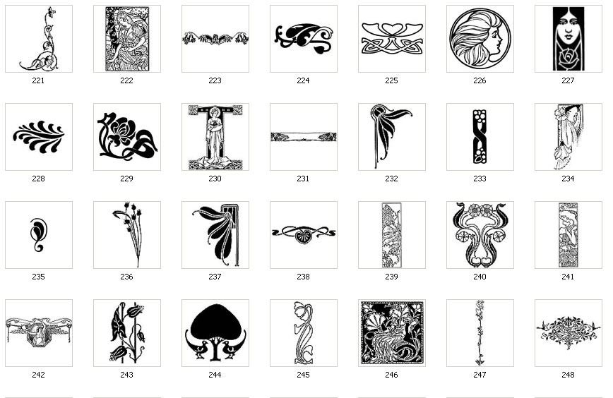 Art Nouveau motifs, peacock, flower, figure, face