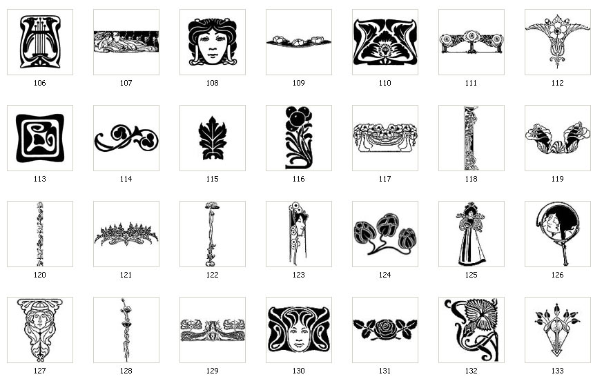 Art Nouveau designs, face, figure, rose, mirror