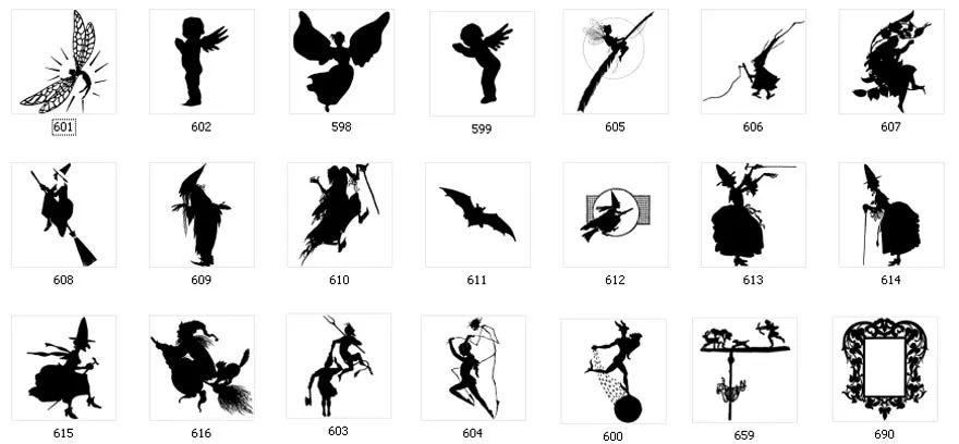 A selection of cupid, cherub and witch silhouette images