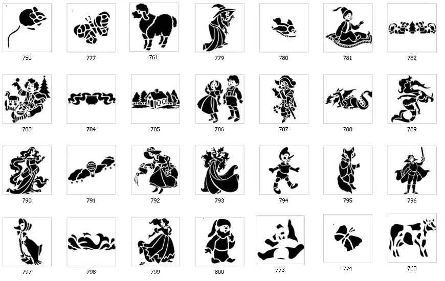 Fun childrens stencil designs, mouse, butterfly, poodle, fairytale characters