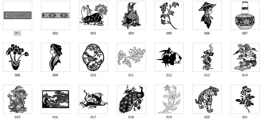 A selection of Chinese designs, people, costume, lantern, plants, dragon, bird, tiger
