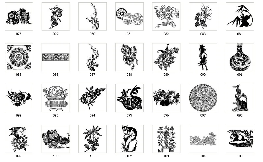 A selection of Chinese images, plants, flowers, bird, cat, pattern