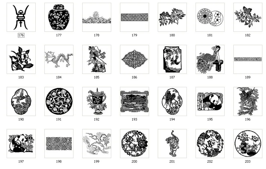 A selection of Chinese images, vase, dragon, bird, flower, plant
