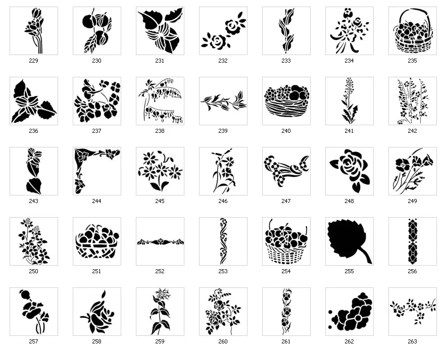 Various floral stencil images, baskets of fruit, flowers, chestnuts