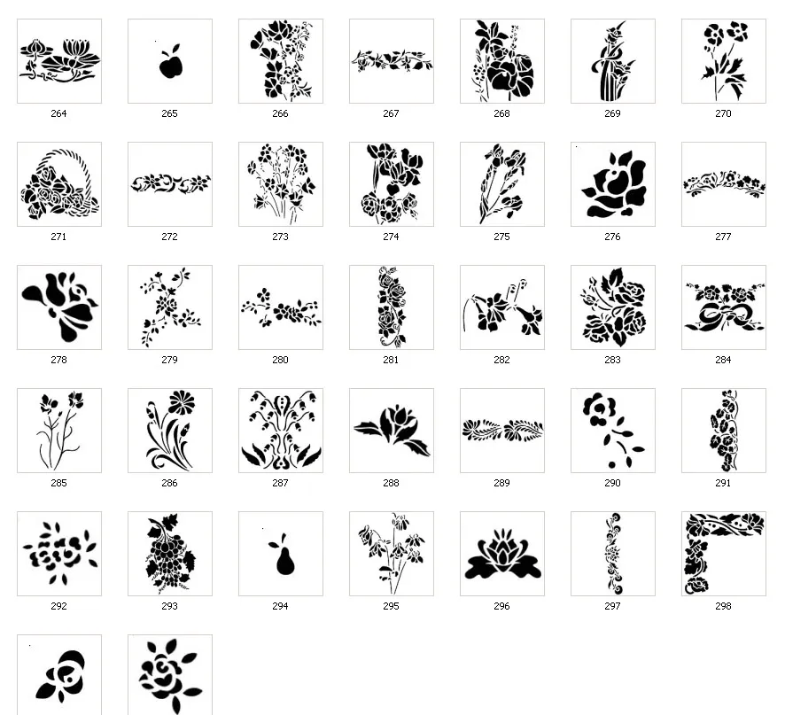 Various flower stencil designs, apple, pear