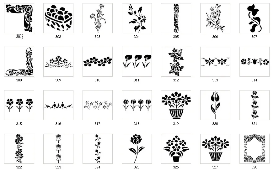 Floral stencil designs, row of tulips, flowers, frames. corners, borders