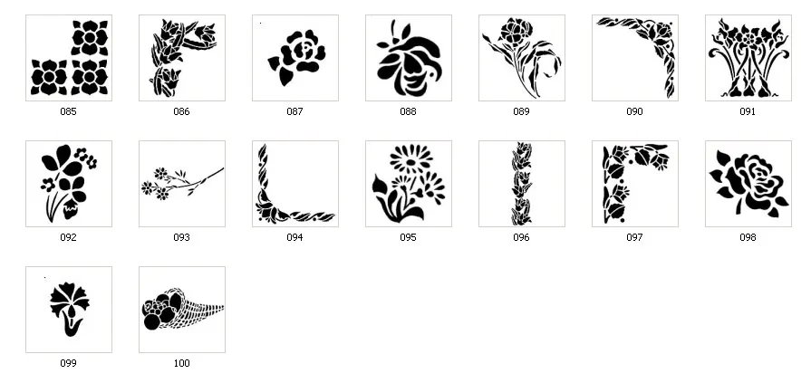 Decoratice floral stencils, flowers, corners, borders, horn of plenty