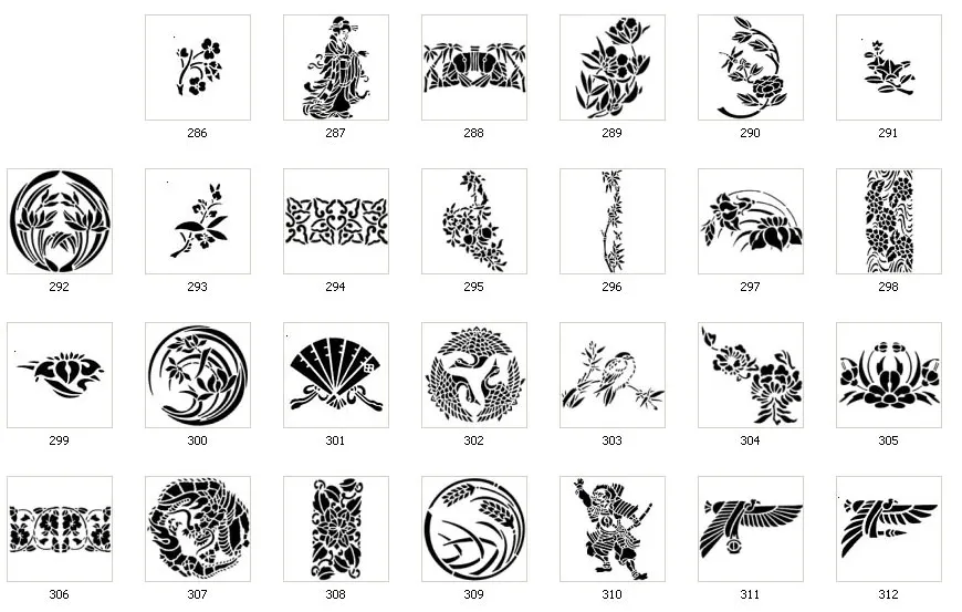 A collection of Japanese stencil designs, bird, people, flower
