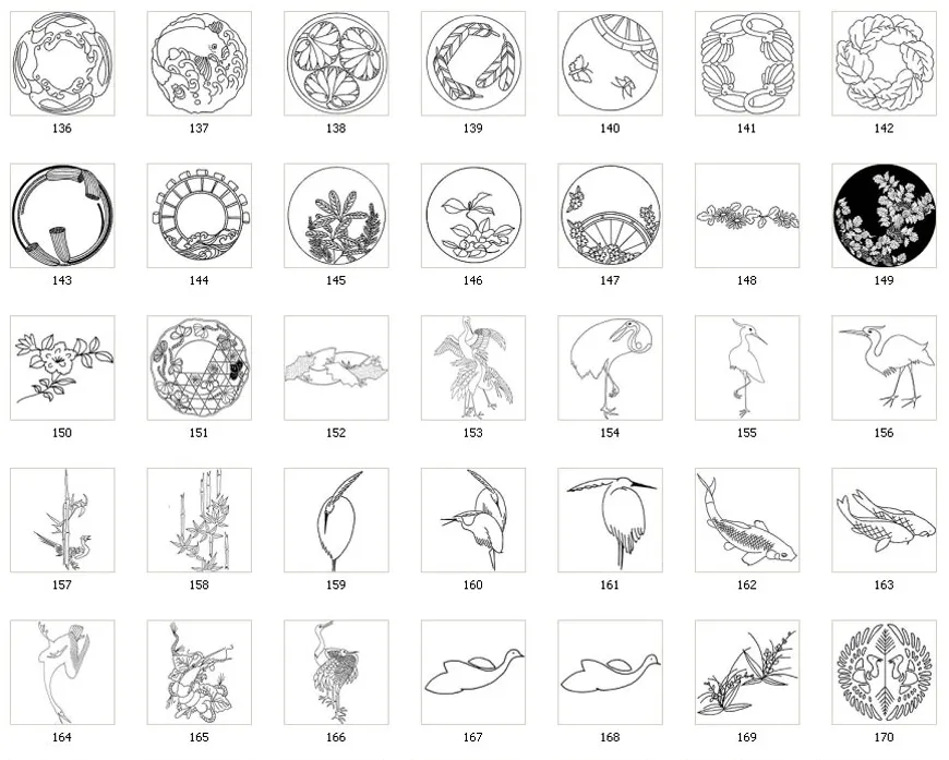 A selection of Japanesedesigns, birds, plants, flowers, crane, fish