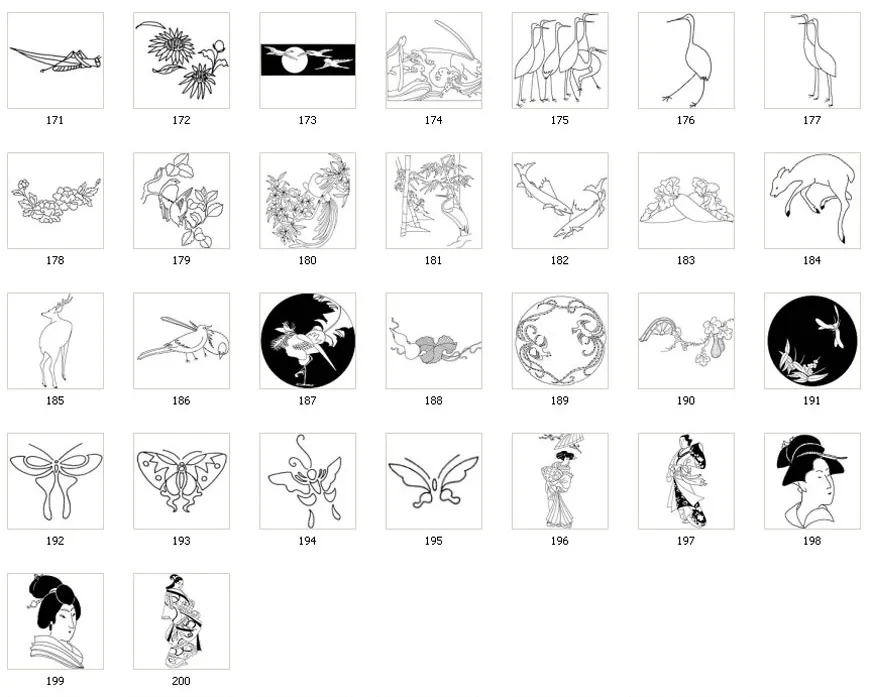 A collection of Japanese designs, deer, birds, flowers, face, butterfly