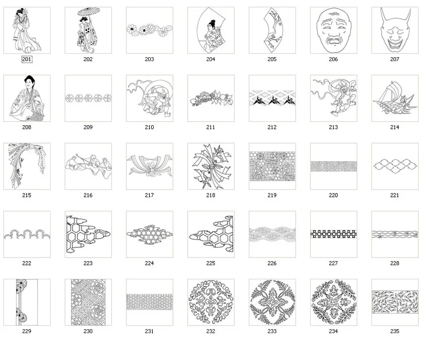 A collection of Japanese designs, people, costume, face, pattern