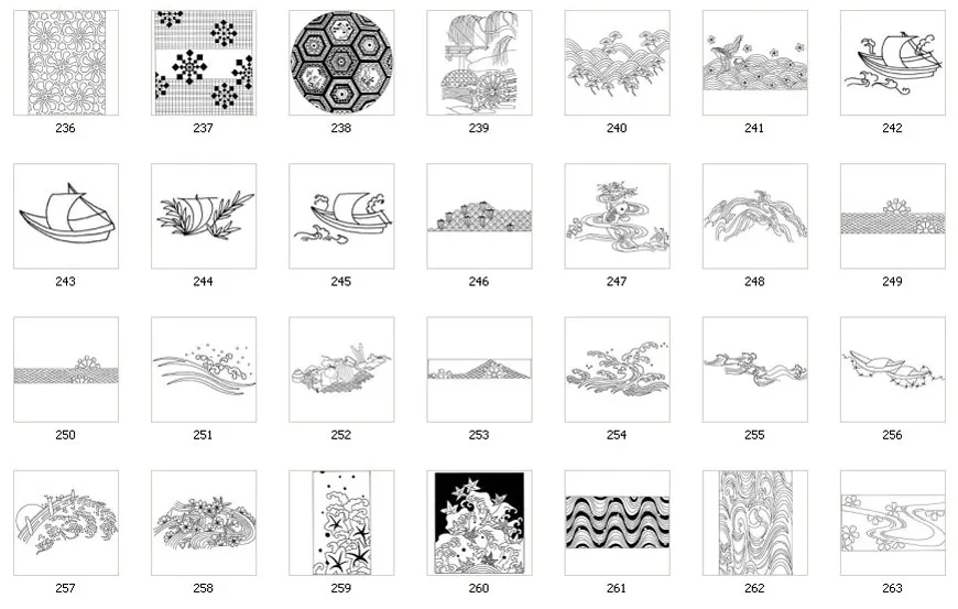 A collection of Japanese designs, boat, wave, pattern