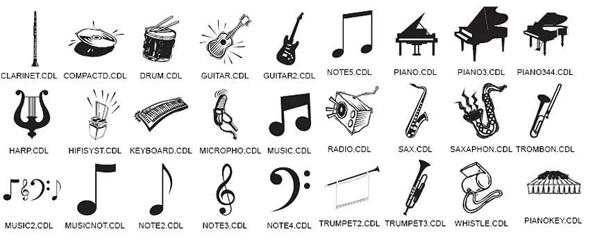Musical instruments, clarinet, drum, music notes, trumpet, trombone, saxophone, piano, guitar