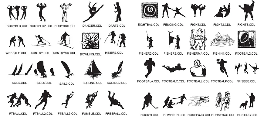Sport silhouette designs, fencing, football, sailing, fishing, hockey
