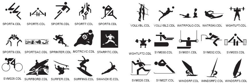 Sports and leisure activities designs, surfing, windsurfing, volleyball, waterskiing