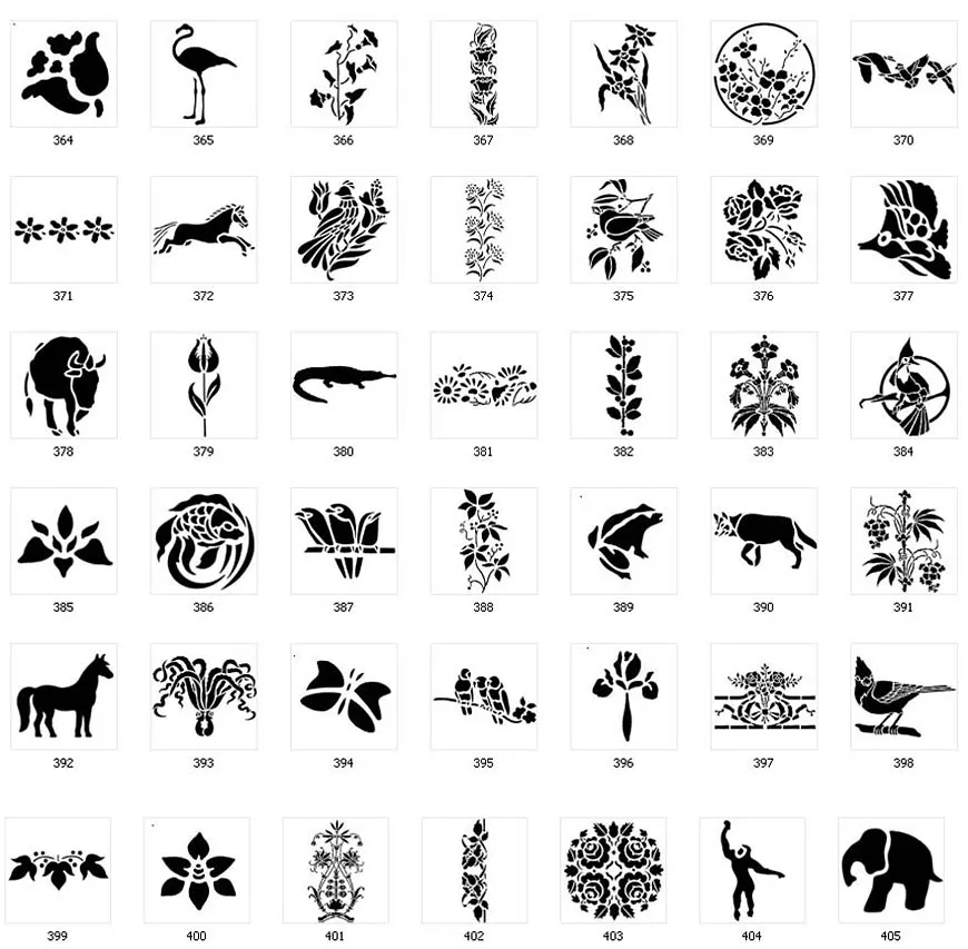 Nature stencil designs. Floral designs, borders, flamingo, animals, birds
